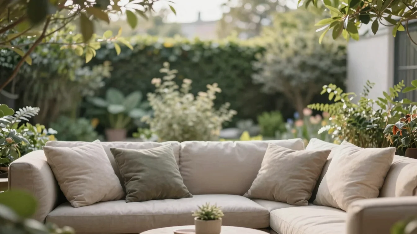 Sunlit private garden patio with comfortable seating and lush, muted greenery, soft morning daylight, shallow depth of f