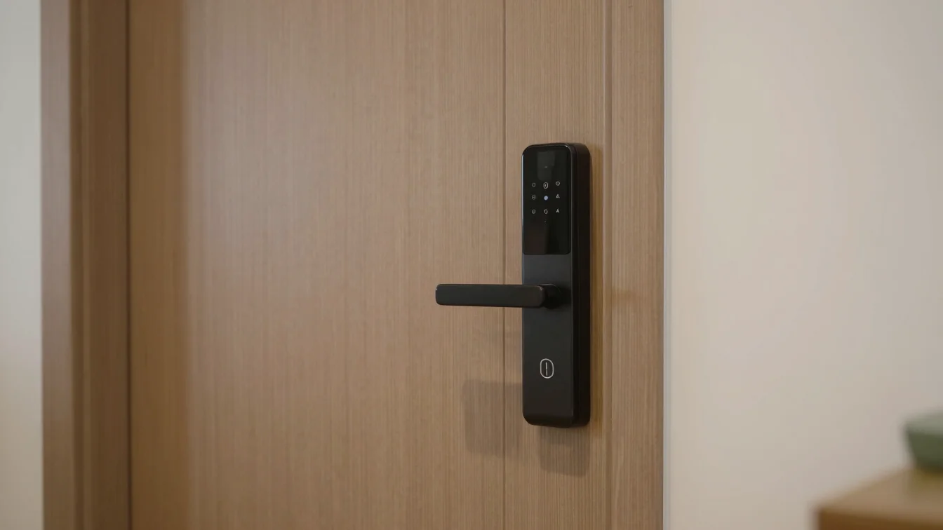 Elegant wooden door with a modern keyless entry system, soft morning daylight, shallow depth of field, 35mm.