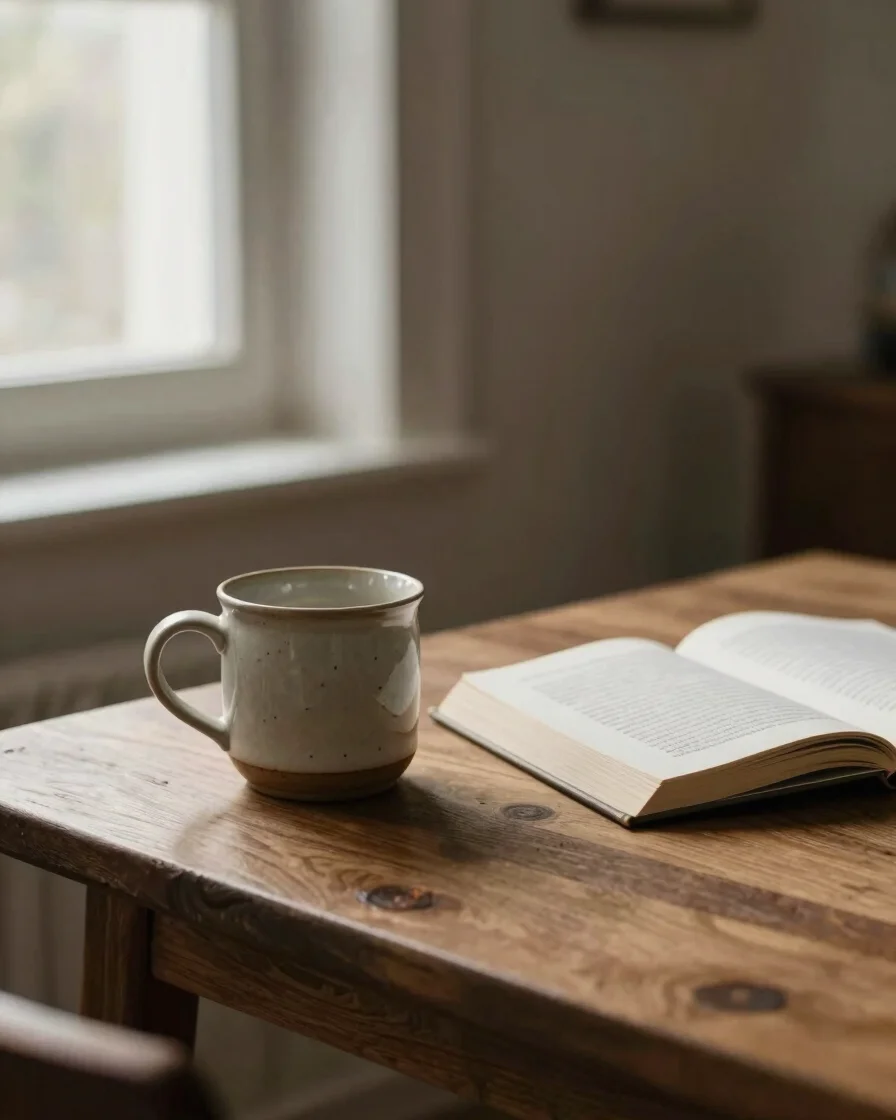 Portrait-oriented shot of a tastefully arranged quiet breakfast nook with a ceramic mug and a book on a wooden table, so