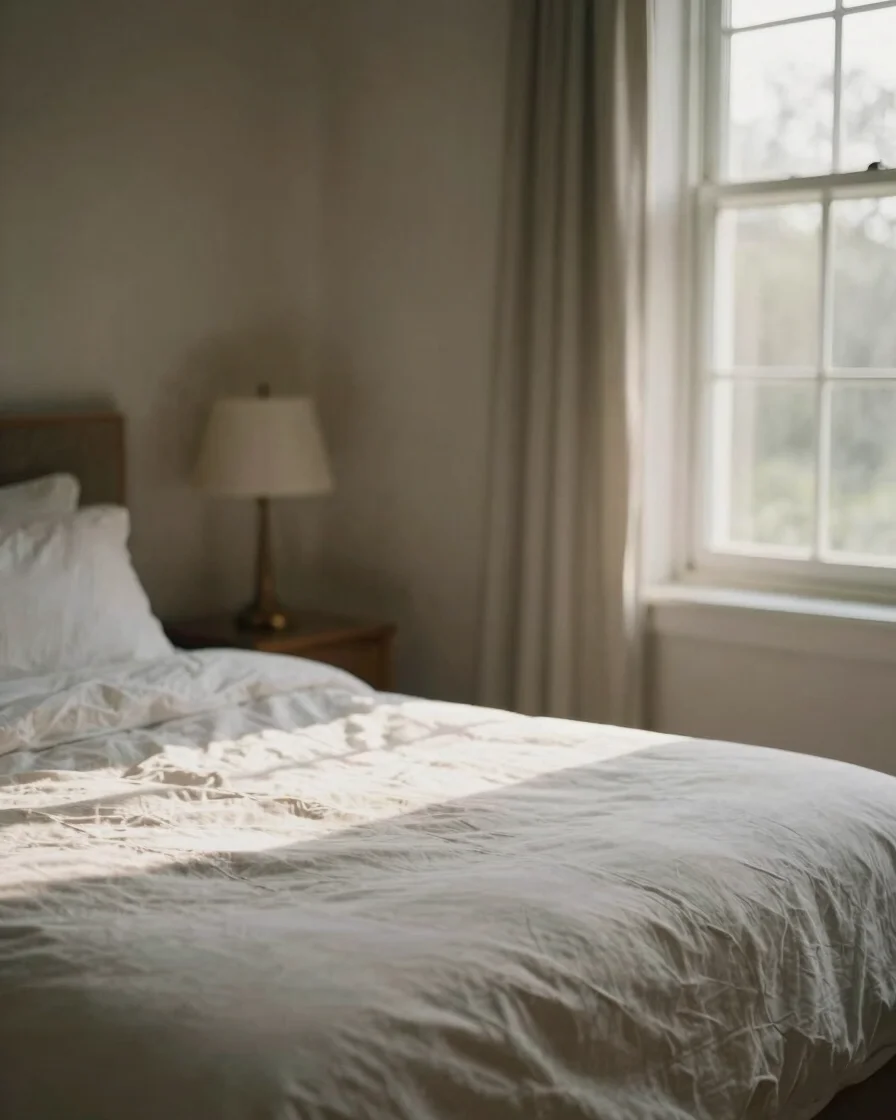 Sunlit interior of a tranquil guest room with crisp linen bedding, soft morning daylight filtering through a large windo