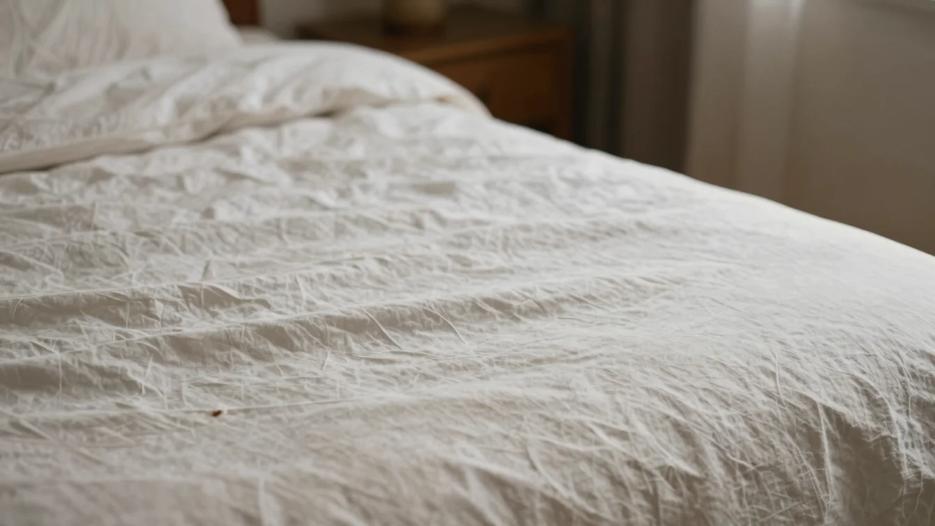 Close-up of crisp white linen bedding on a bed bathed in soft morning daylight, shallow depth of field, 35mm.